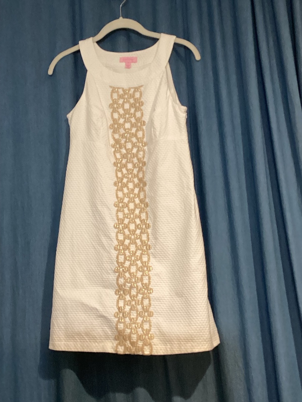 Lilly Pulitzer White Textured Shift Dress Gold Chain Embellished Size 0